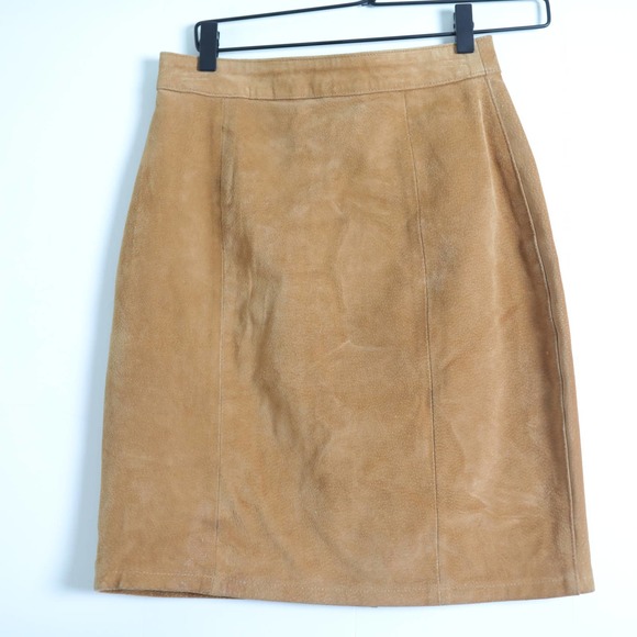 Vintage Dresses & Skirts - Vtg 90s The Limited Tan Light Brown Suede Leather High Waisted Skirt
